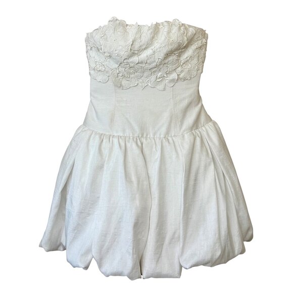 BHLDN x Anthropologie Strapless Floral Applique Bubble Hem White Mini Dress - Picture 4 of 16